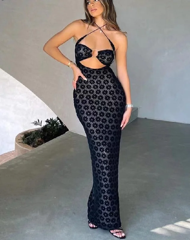Solid Color Hanging Neck Maxi Dress Sexy Hollow Women Perspective Bag Hips Robe Female Street Trendy Dresses Clothing Comfortable Flowy Maxi Dress