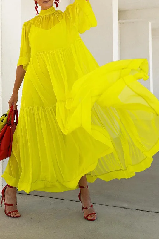 Solid Color Relaxed Tiered Maxi Dress Comfortable Ruffle Hem Maxi Dress