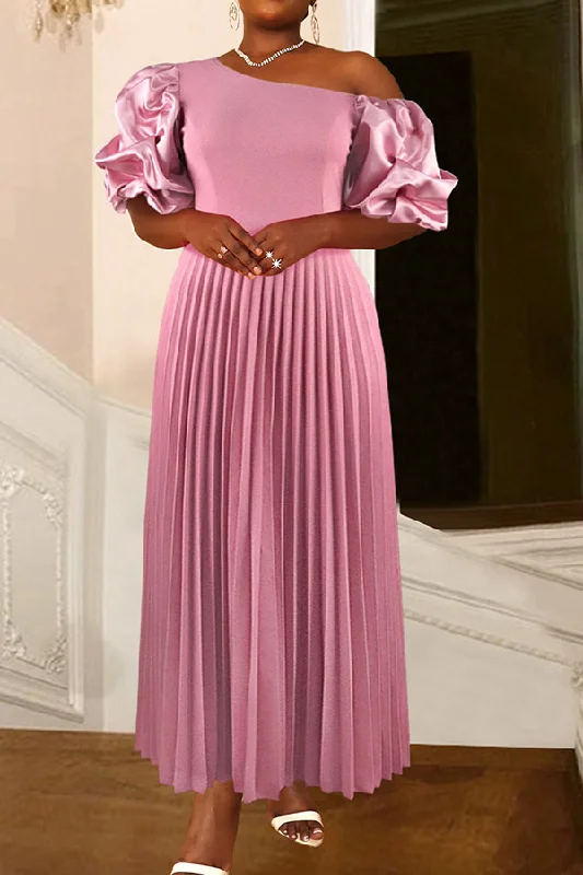 Solid Color Rocking Oblique Collar Pleated Maxi Dress Comfortable Cotton Maxi Dress