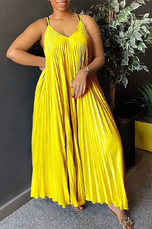 Solid Color V Neck Relaxed Pleated Maxi Dress Classic A-Line Maxi Dress