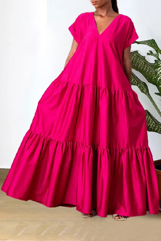 Solid Color V Neck Relaxed Tiered Maxi Dress Fashionable Chiffon Tiered Maxi Dress