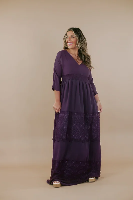 ECB Exclusive: Something Timeless Maxi Dress, Purple Trendy Maxi Dress with Lace