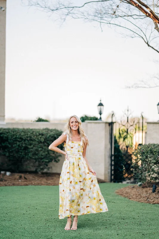 Dreaming of Spring Maxi Dress - Yellow Floral Comfortable Pleated Maxi Dress