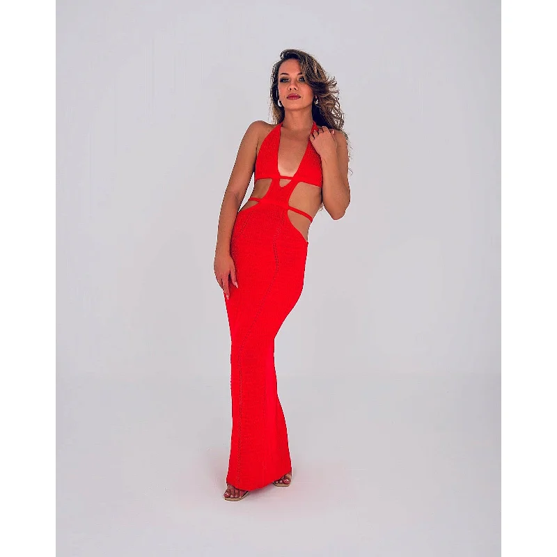 STELLA Red Crochet Cut-Out Maxi Dress Chic Boho Print Maxi Dress