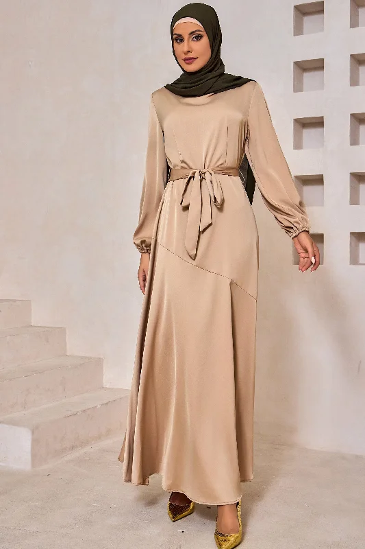 Taupe Satin Long Sleeve Maxi Dress-CLEARANCE Fashionable Halter Neck Maxi Dress