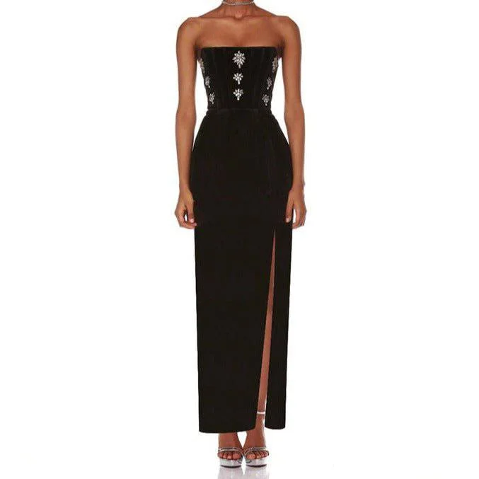 Tessa Strapless Crystal Detail Maxi Dress Elegant Maxi Dress with Lace