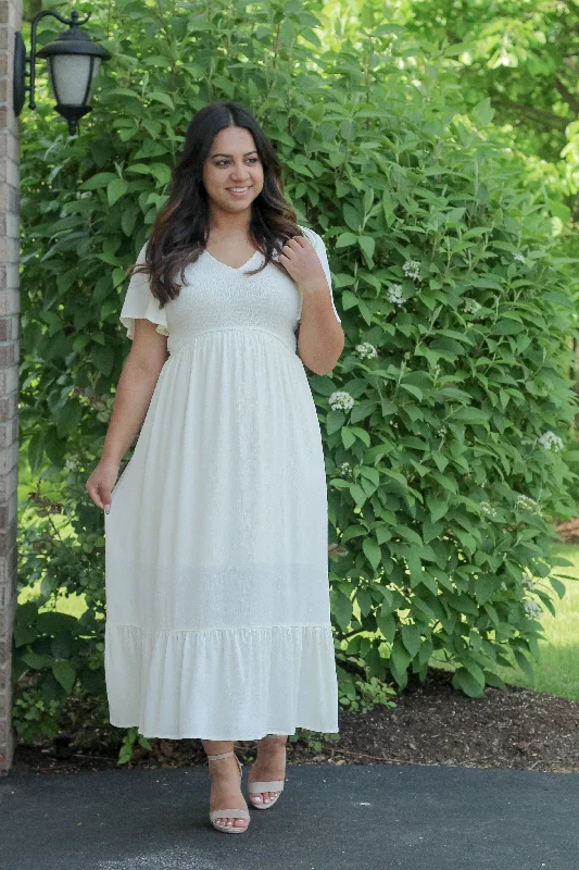 The Ayla Smocked Maxi Dress in Cream (FINAL SALE) Cozy Knit Maxi Dress