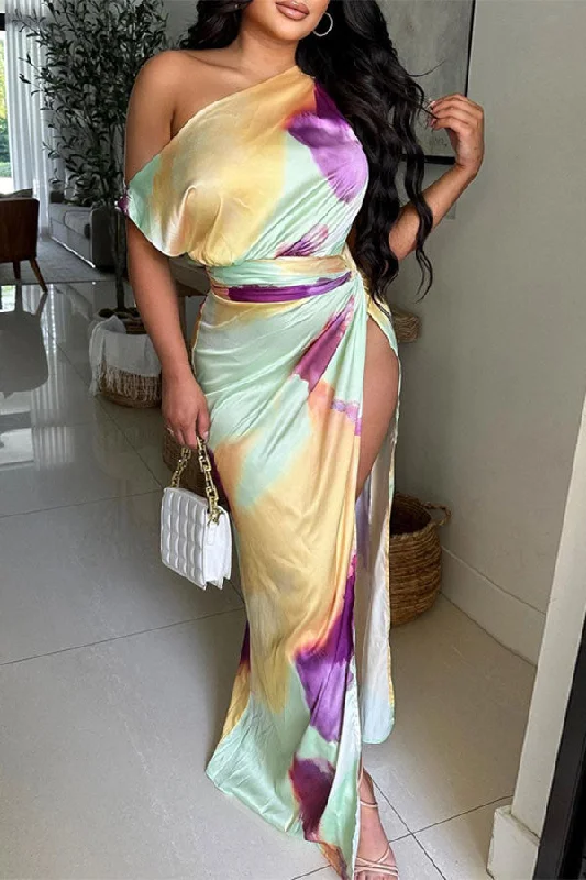 Tie Dye Pretty High Split Asymmetric Maxi Dress Classic Strapless Maxi Dress