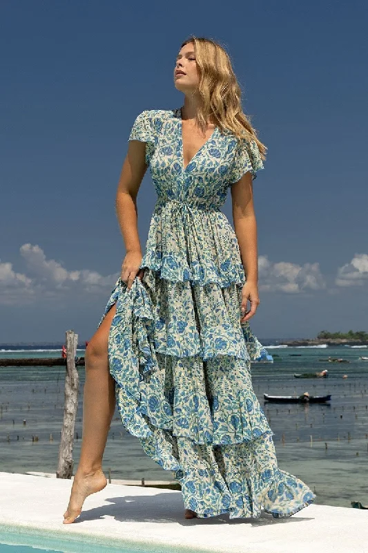 Tiered Maxi Dress with Blue Floral Print Elegant Maxi Dress with Pockets