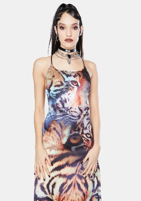 Tiger Print Satin Tie Back Maxi Dress Trendy Ruffled Maxi Dress