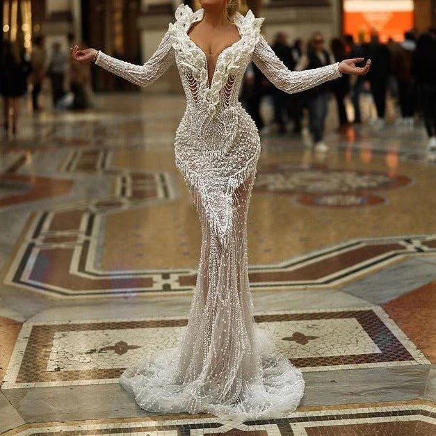 Toni Long Sleeve Pear Beaded Sequin Maxi Dress Trendy A-Line Maxi Dress