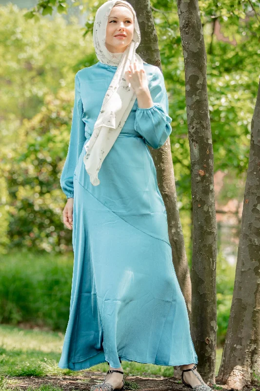 Topaz Blue Asymmetrical Satin Maxi Dress-CLEARANCE Cozy Ribbed Maxi Dress