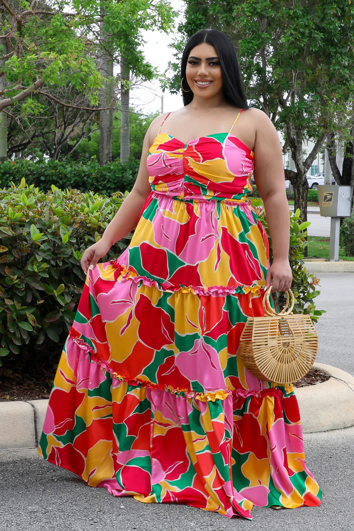 Tropical Spring Maxi Dress Pink (Curvy) Cozy Ruffle Sleeve Maxi Dress