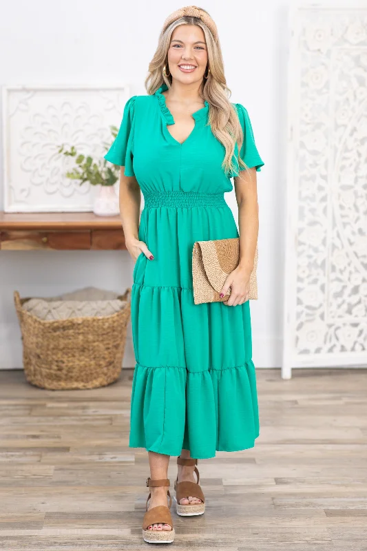 Turquoise Tiered Smocked Waist Maxi Dress Elegant Pleated Maxi Dress