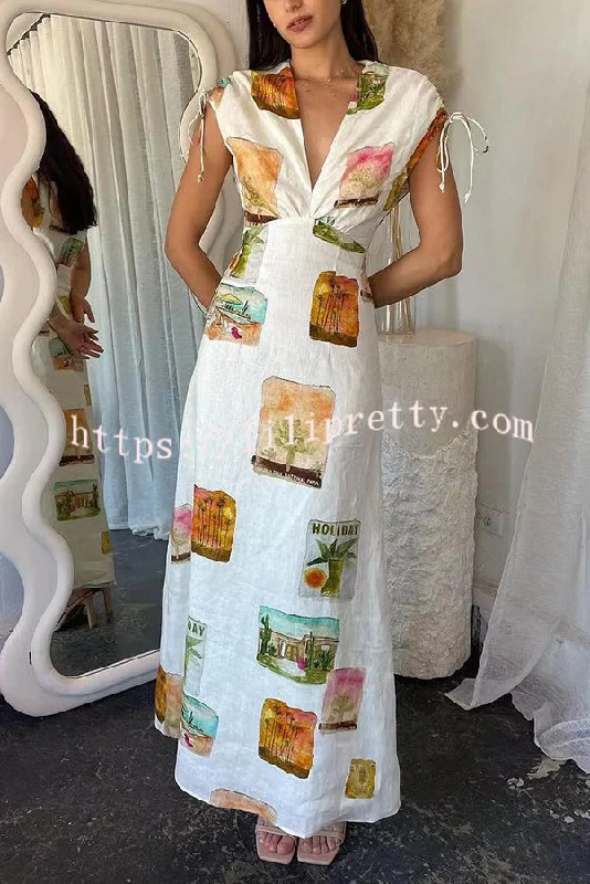 Art Summer Linen Blend Unique Print Drawstring Shoulder Loose Maxi Dress Cozy Ribbed Maxi Dress