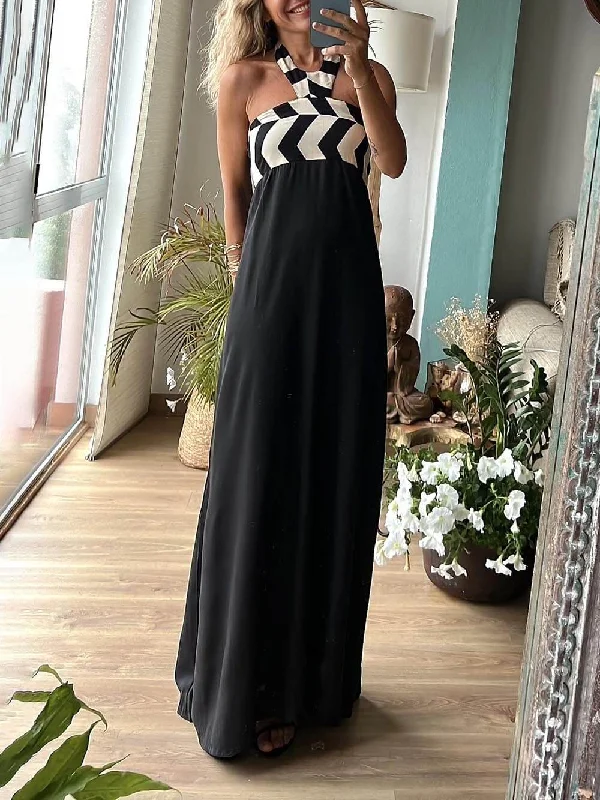 Unique Striped Print Charming Loose Halterneck Maxi Dress Comfortable T-Shirt Maxi Dress