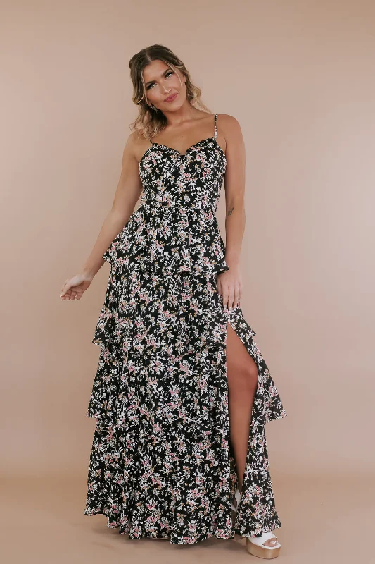 Fierce In Floral Tiered Maxi Dress, Black Elegant Tiered Maxi Dress