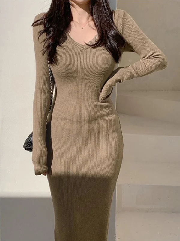 Khaki V-Neck Long-Sleeve Split Maxi Dress Stylish Long Sleeve Maxi Dress
