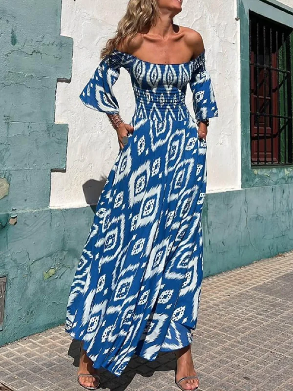 Vacation Ethnic Print Smocked Graceful Off Shoulder Pocketed Maxi Dress Comfortable Cotton Maxi Dress