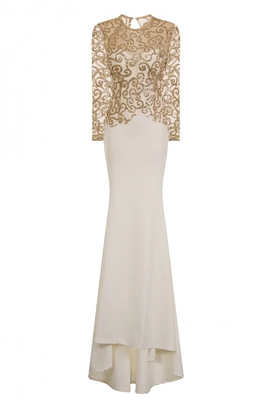 Vanity Sparkle Off White Slinky Fishtail Maxi Dress Comfortable Maxi Dress with Sleeves