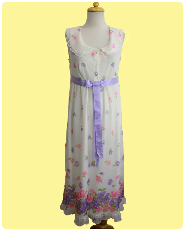 Vintage 1960s/70s White Chiffon with Lilac and Pink Floral Print Maxi Dress, Med Cozy Knit Maxi Dress