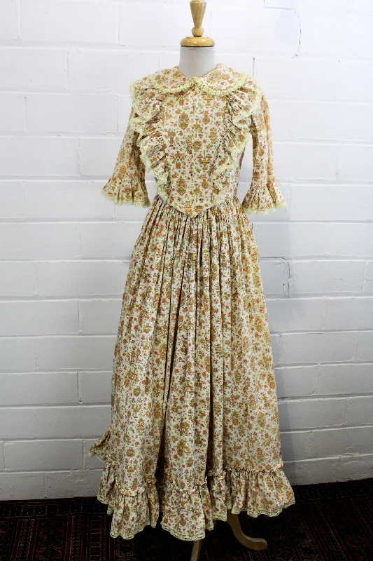 Vintage 1960s Floral Prairie Maxi Dress with Peter Pan Collar, Small Classic Black Maxi Dress