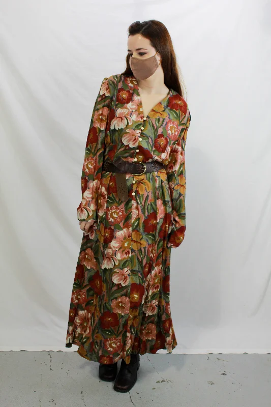 Vintage 1990s Deadstock Floral Rayon Maxi Dress, Medium Stylish Button-Up Maxi Dress