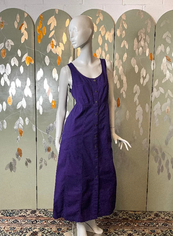 Vintage 1990s Purple Cotton Button-Up Maxi Dress, Large Comfortable Plunging Neckline Maxi Dress