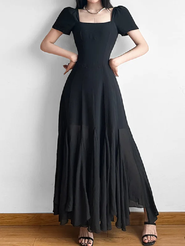Black Short Sleeve Maxi Dress Elegant Pleated Maxi Dress