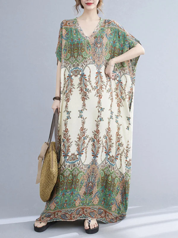 Zjkrl - Vintage Floral Printed V-Neck Batwing Sleeves H-Line Maxi Dress Elegant Tiered Maxi Dress