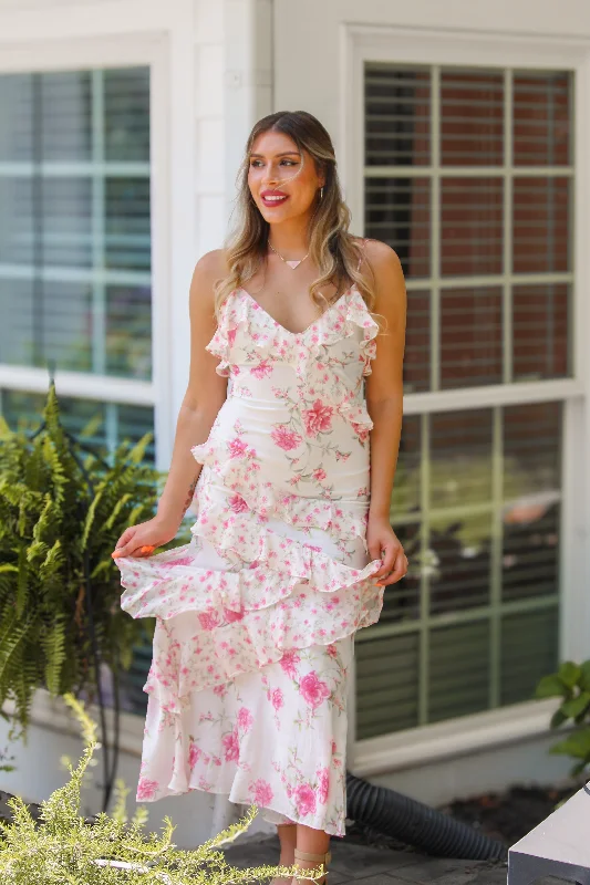 White and Pink Floral Ruffle Maxi Dress Comfortable Casual Maxi Dress