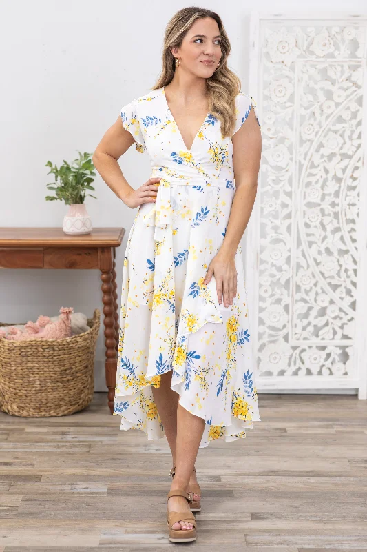 White and Yellow Floral High Low Maxi Dress Stylish V-Neck Maxi Dress