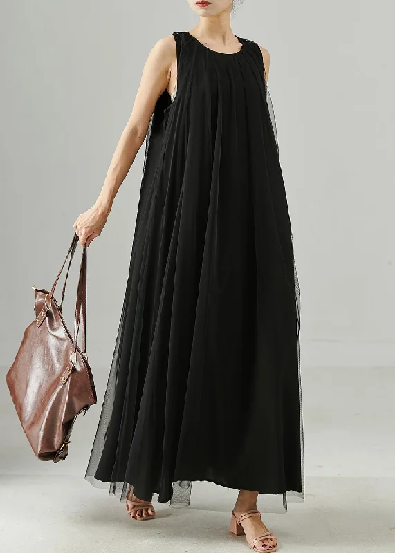 Women Black Oversized Tulle Maxi Dresses Summer Stylish Off-Shoulder Maxi Dress