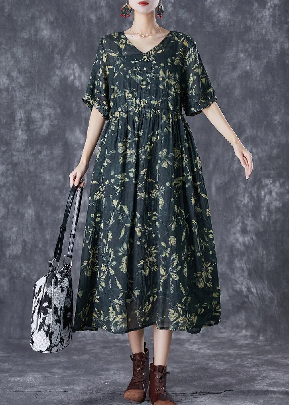 Women Blackish Green Cinched Print Linen Maxi Dress Summer Casual Maxi Dress with Pockets Women Blackish Green Cinched Print Linen Maxi Dress Summer Casual Maxi Dress with Pockets