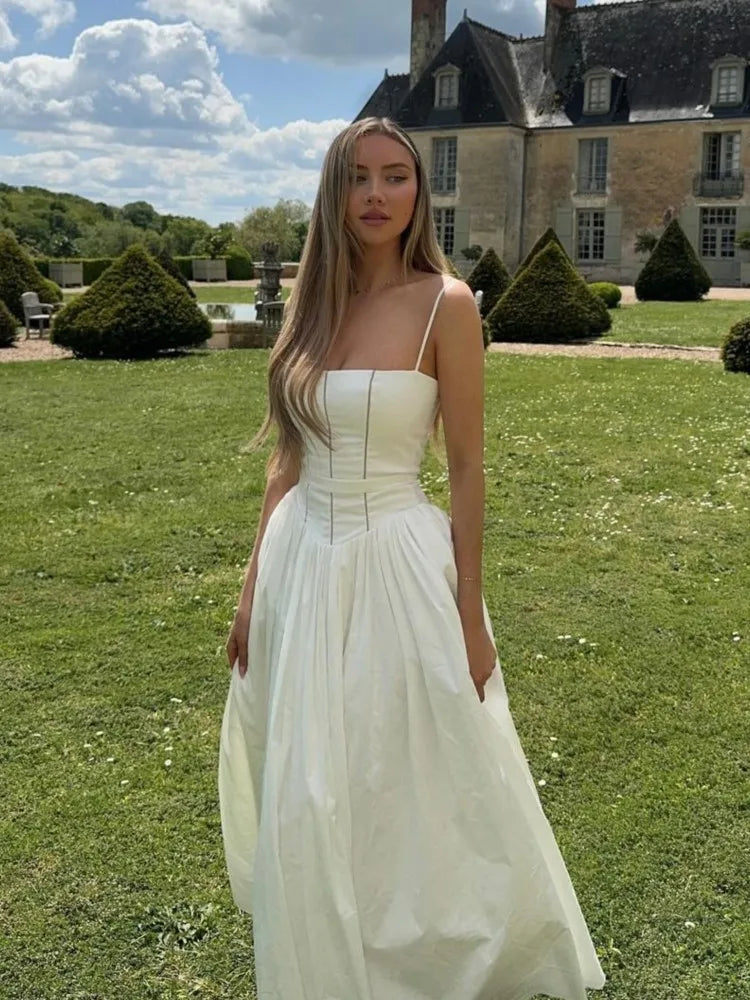 Women Elegant Patchwork Suspenders Maxi Dress Fashion Slim White Backless Sleeveless A-line Dresses Summer Lady Chic Party Robes Elegant Maxi Dress with Pockets