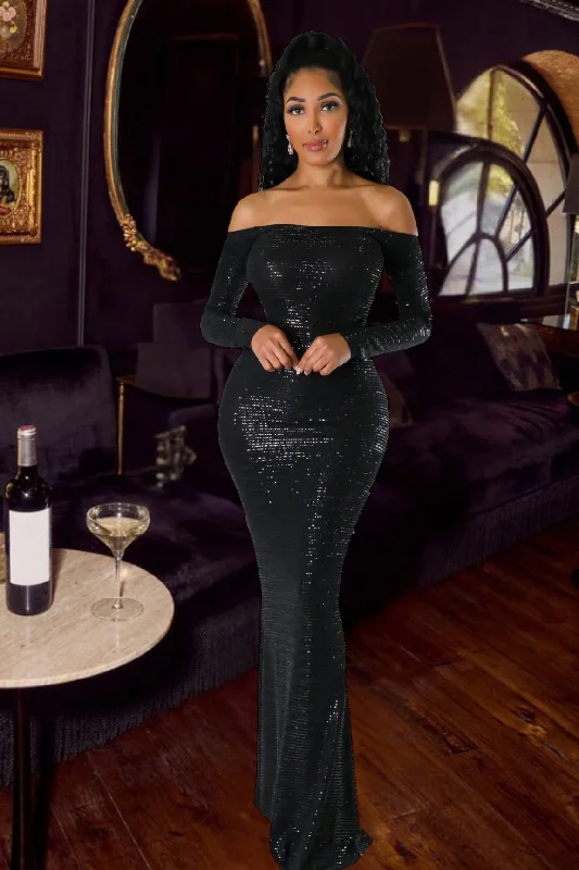 Zarah Off The Shoulder Sequin Maxi Dress Black Comfortable T-Shirt Maxi Dress