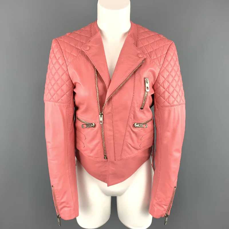 BALENCIAGA Size 6 Pink Quilted Leather Moto Biker Jacket Denim Jacket Leather Jacket Suede Jacket