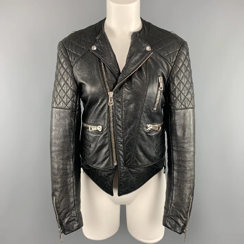 BALENCIAGA Size 8 Black Quilted Leather Biker Moto Jacket Fitted Jacket Loose Jacket Oversized Jacket