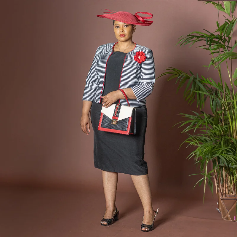 Black and White Striped Dress and Jacket Set w/Red Accents Notch Collar Peter Pan Collar Cowl Neck