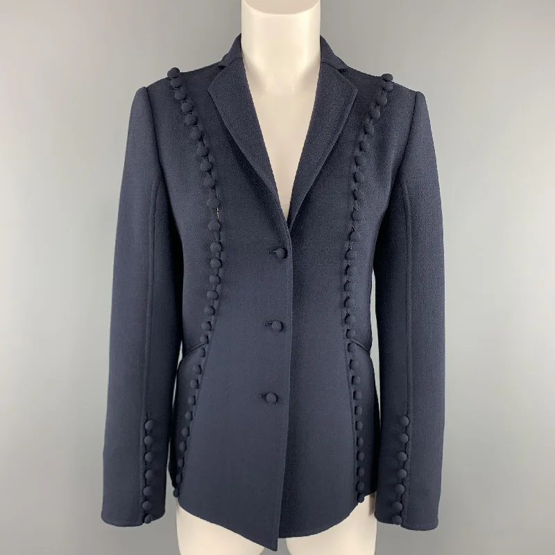 CHADO RALPH RUCCI Size 2 Navy Crepe Wool Button Trim Notch Lapel Jacket Print Jacket Jacquard Jacket Patchwork Jacket