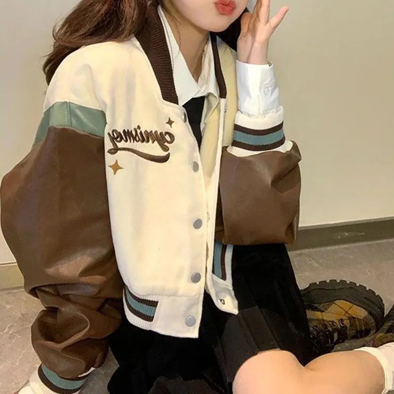 Getadme-Y2k Harajuku Cropped Leather Jackets Oversized Coat Baseball Jacket Women Korean Fashion Streetwear Letter Print Sweet Boat Neck Shawl Collar Notched Collar