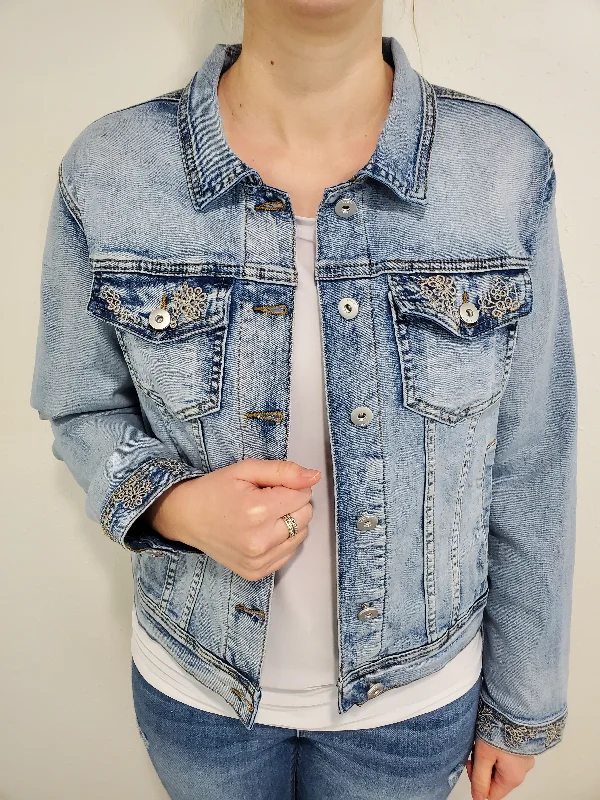 EMBROIDERED DETAIL DENIM JACKET - LIGHT WASH Trench Coat Raincoat Waterproof Jacket