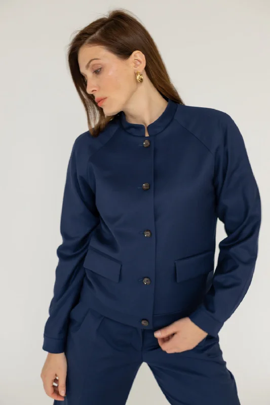 Enzo Jacket Navy Blue Ribbed Jacket Pleated Jacket Ruffled Jacket