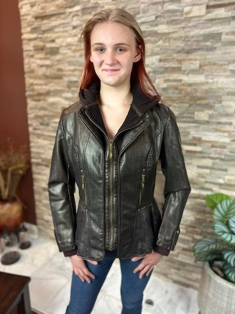 Faux leather Jacket with knit Cap - (801108)-BRN/CHOCO Elasticated Jacket Padded Jacket Insulated Jacket