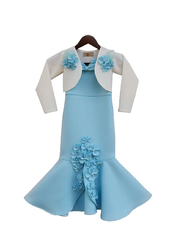 Girls Blue Neoprene Fish Cut Dress With Jacket Tailored Jacket Straight Jacket A-Line Jacket