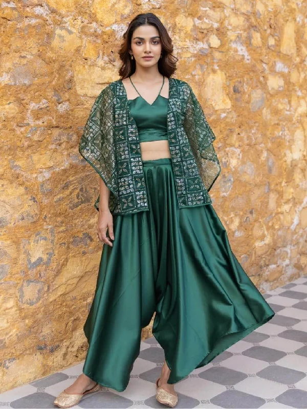 Green Satin Coord Set with Embellished Organza Jacket Collared Jacket Crew Neck Jacket Turtle Neck Jacket