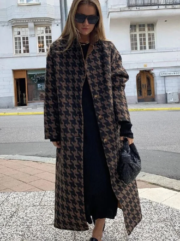 Houndstooth Printed Long Coat Winter Women Woolen Lapel Single Breasted Fashion Jacket Female Long Sleeve Autumn Outerwear 2023 Jacket Blazer Coat