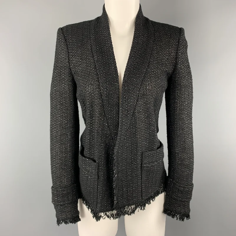 ISABEL MARANT Size 4 Black Tweed Open Front Fringe Jacket V-Neck Jacket Boat Neck Jacket Square Neck Jacket