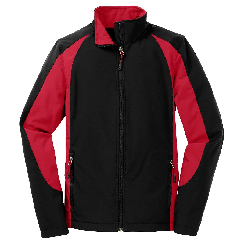 Sport-Tek Women's Black/True Red Colorblock Soft Shell Jacket Tiered Jacket Buttoned Jacket Zippered Jacket