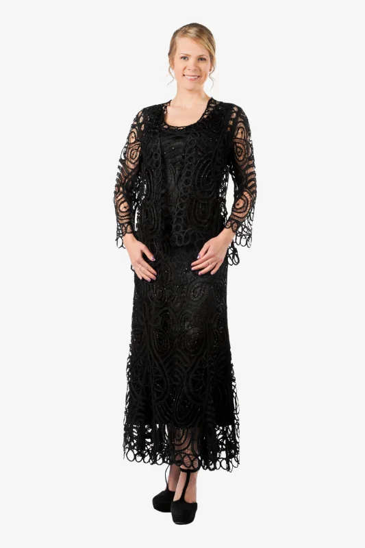 Soulmates D7052 Hand Crocheted Lace Evening Mother of Groom Dress with Jacket Set Notch Collar Peter Pan Collar Cowl Neck